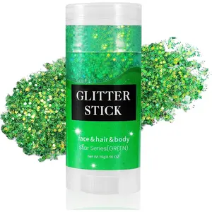 Green Body Glitter Stick, St Patricks Day Accessories, Face Hair Glitter Gel for Kids, Festival Rave Outfit for Women, Sparkling Mermaid Sequins Chunky Glitter Makeup, 0.56oz