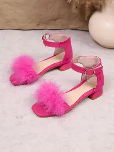 Girls' New Summer Fashion Open Toe Sandals, Faux Fur Decor, Chunky Heel, Square Toe Sweet Style Princess Shoes
