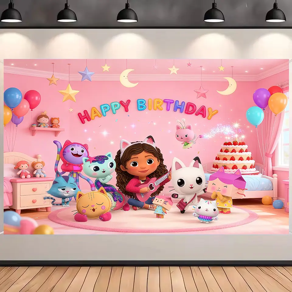Cartoon Anime Gabby Dollhouse Happy Birthday Room Decor Decorative Banner Backdrop Party Photography Background Poster Wall Art Outdoor Home Decor Party Decoration Party Supplies Party Decorations Banners Backdrop Picture
