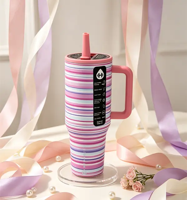 HydroJug 40oz Pastel Pink Purple Striped Tumbler with Pink Handle | 24hr Cold Keep Leakproof Stainless Steel Travel Cup, Large Insulated Water Mug for Workout Travel Daily Use