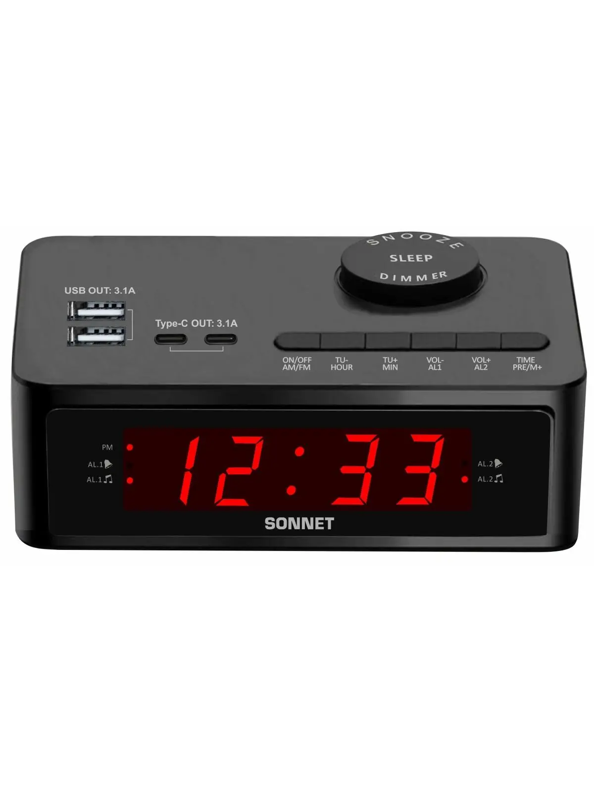 Sonnet LED Clock Radio, USB-C Charging Alarm Clock with 2 USB-A and 2 Charging Ports, Usb-C Charging Alarm Clocks