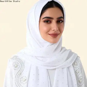 Luxury White Chiffon Hijab with Elegant Pearl Flower Embroidery - Sparkling Starry Rhinestone Headscarf, Bridal Muslim Women Shawl for Wedding & Eid Celebration