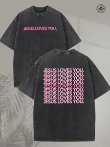 230GSM Heavy Washed T-Shirt- Jesus Loves You Religious Pattern T-Shirt, Pink Green and Pink Letters Double-Sided Print- Christian Clothing, Unisex Crew Neck Top, Suitable for Church, Casual Wear, Gift Giving- Machine Washable Soft Crew Neck