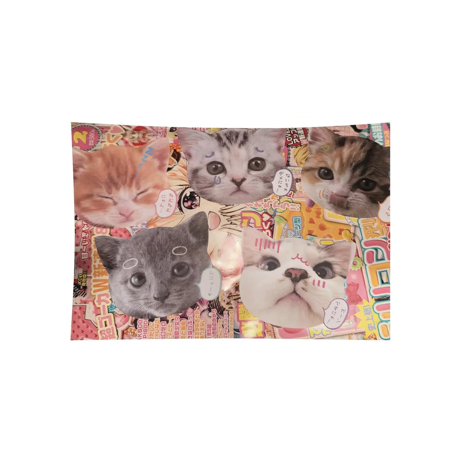 Kawaii Cat Magazine Collage Wall Tapestry, Japanese Y2K Cute Kitty Aesthetic Bedroom Dorm Room Decor