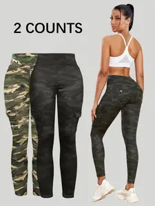 Women's Camo Print Cargo Pants Leggings, Sports Stretchy Leggings, Casual Comfy Breathable Skinny Pants for Yoga Gym Workout Running, Ladies Bottoms for All Seasons