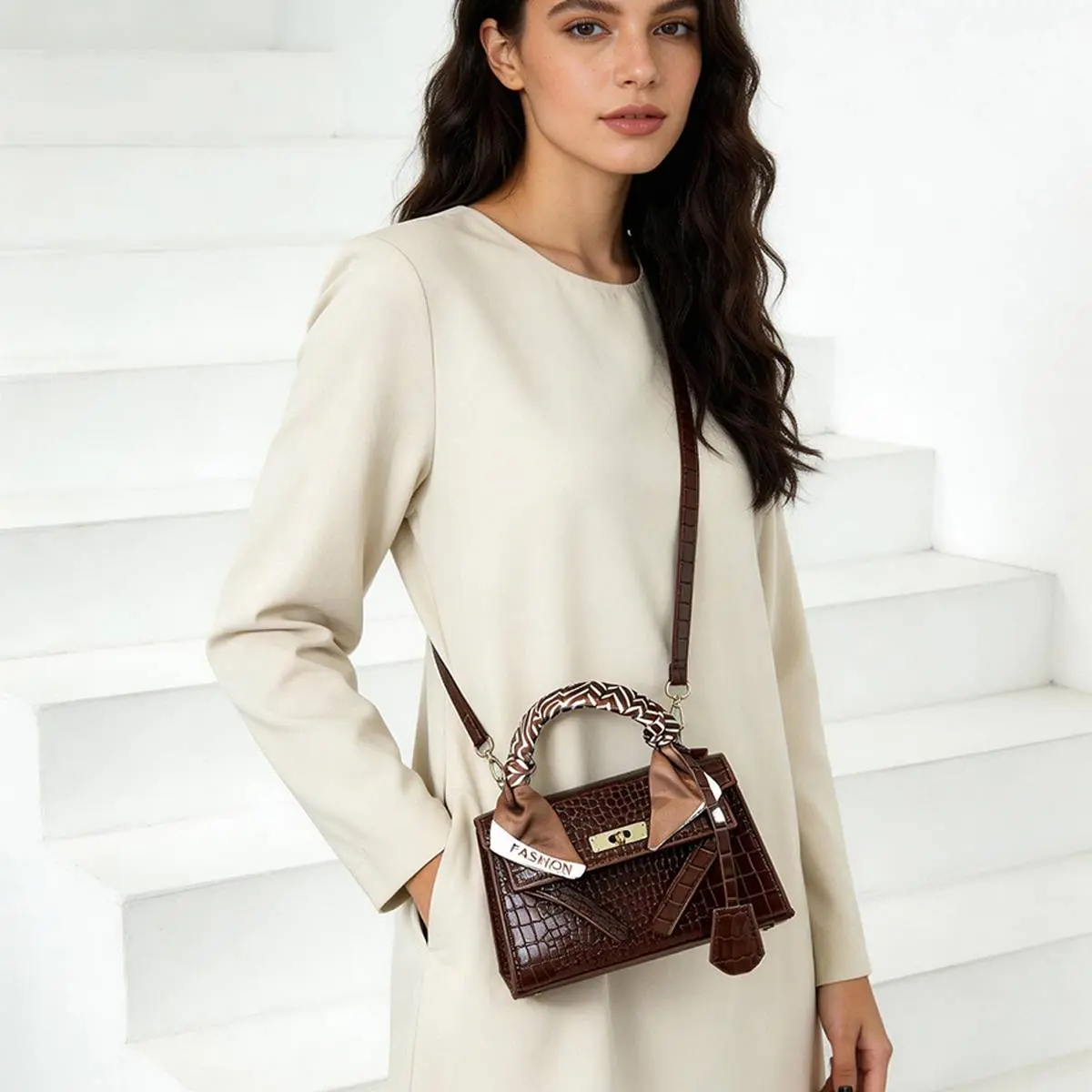 Women's Croc-Embossed Satchel, Elegant 3-in-1 Convertible Crossbody & Shoulder Purse, PU Leather Casual Office Handbag with Scarf Detail, Elegant Shoulder Purse, 3-In-1 Convertible Women's Crossbody & Shoulder Bags
