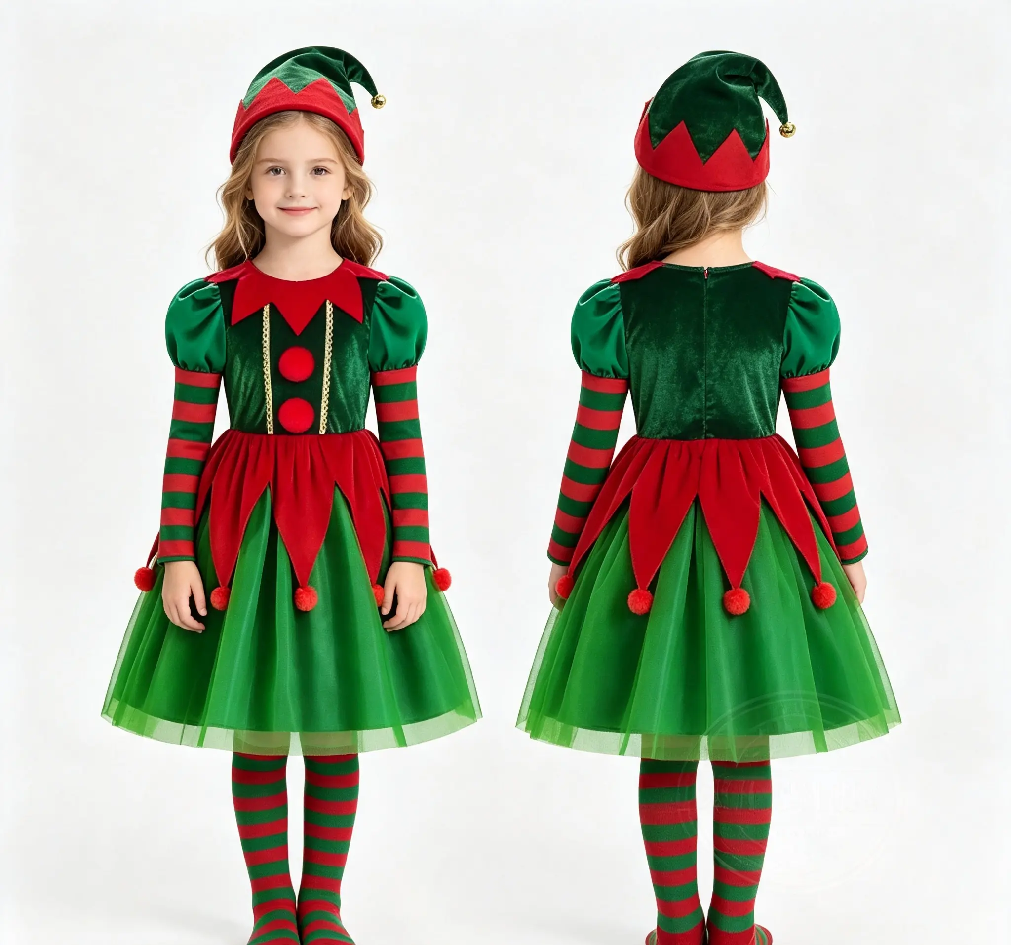 Kids Christmas Elf Costume for Girls, Red Green Holiday Dress with Elf Hat, Cute Santa Helper Outfit, Christmas Party Dress Up Costume for School Event & Family Photos