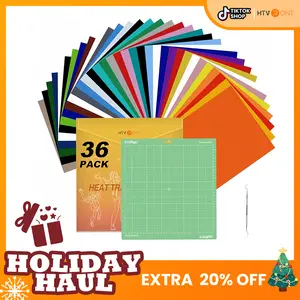 HTVRONT Heat Transfer Vinyl Bundle - 12"x10" 36 Packs（25 Colors）-with Standard Grip Cutting Mat*1 Pack ,Tweezer*1 -Iron On Vinyl