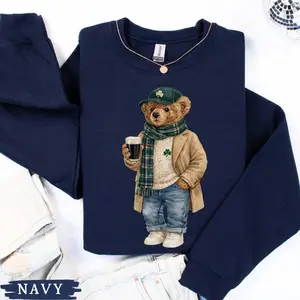 [Sale up to 35%] + [FREE SHIP] Lucky Teddy Bear St Patricks Day Sweatshirt, Preppy Irish Beer Lover Crewneck, Plaid Shamrock Bear Pub Crawl Sweater, Trendy Teddy Bear Gift