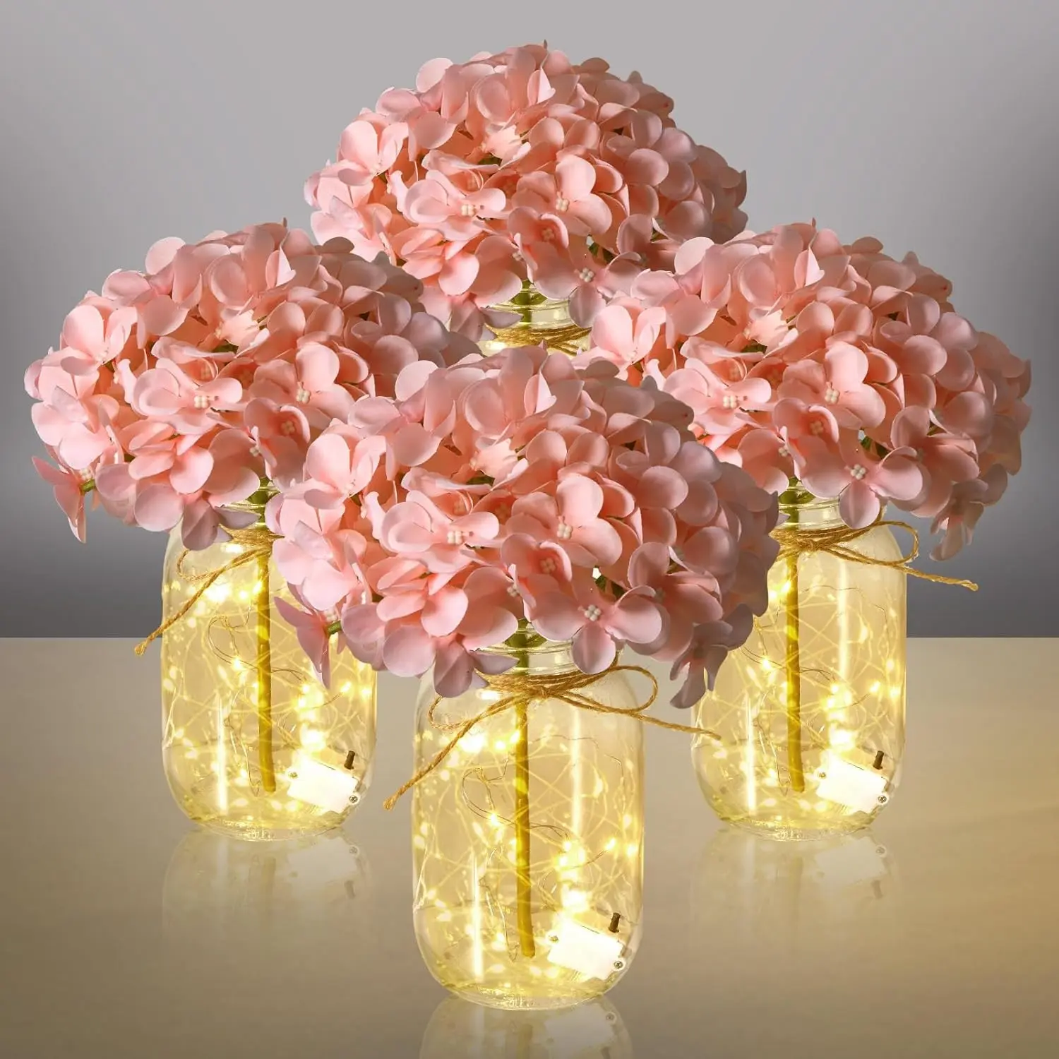 4 Sets Mason Jar Centerpiece with LED Lights and Pink Hydrangea Fake Flowers Vase for Wedding Bridal Shower Party Coffee Table Decor