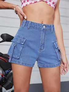 GILIPUR Women's Light Blue High Waist Cargo Cotton Denim Shorts with Side Pockets, Straps and Button - Casual Summer Streetwear Shorts