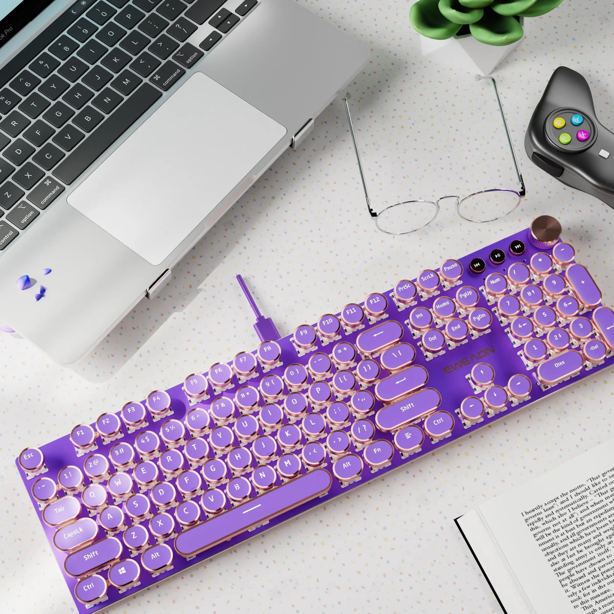 EWEADN V20 Retro Typewriter Mechanical Gaming Keyboard, 104-Key All-metal Panel with Round Punk Keycaps, USB Wired Keyboard with Multimedia Knob, Mechanical Game Keyboard, Mechanical Keyboards, Tactile Feedback Keyboard