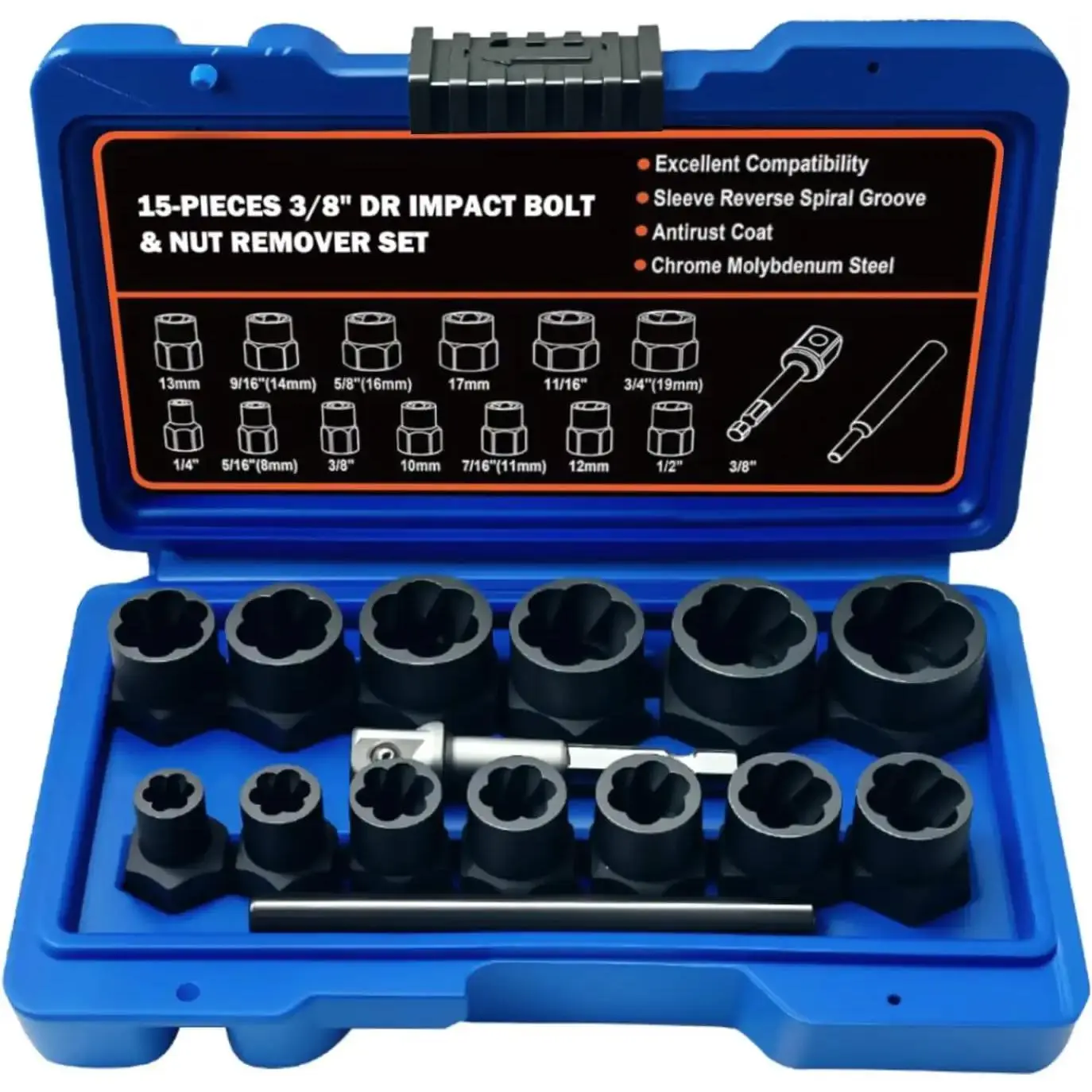 Bolt Extractor Set, 15 count Bolt Extractor Kit with 3/8 Inch Stripped Nut Remover, Easy-to-Remove Bolt Extractor Set for Rusted, Rounded, Damaged Nuts and ScrewsQuesear