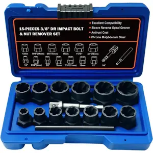 Bolt Extractor Set, 15 count Bolt Extractor Kit with 3/8 Inch Stripped Nut Remover, Easy-to-Remove Bolt Extractor Set for Rusted, Rounded, Damaged Nuts and ScrewsQuesear