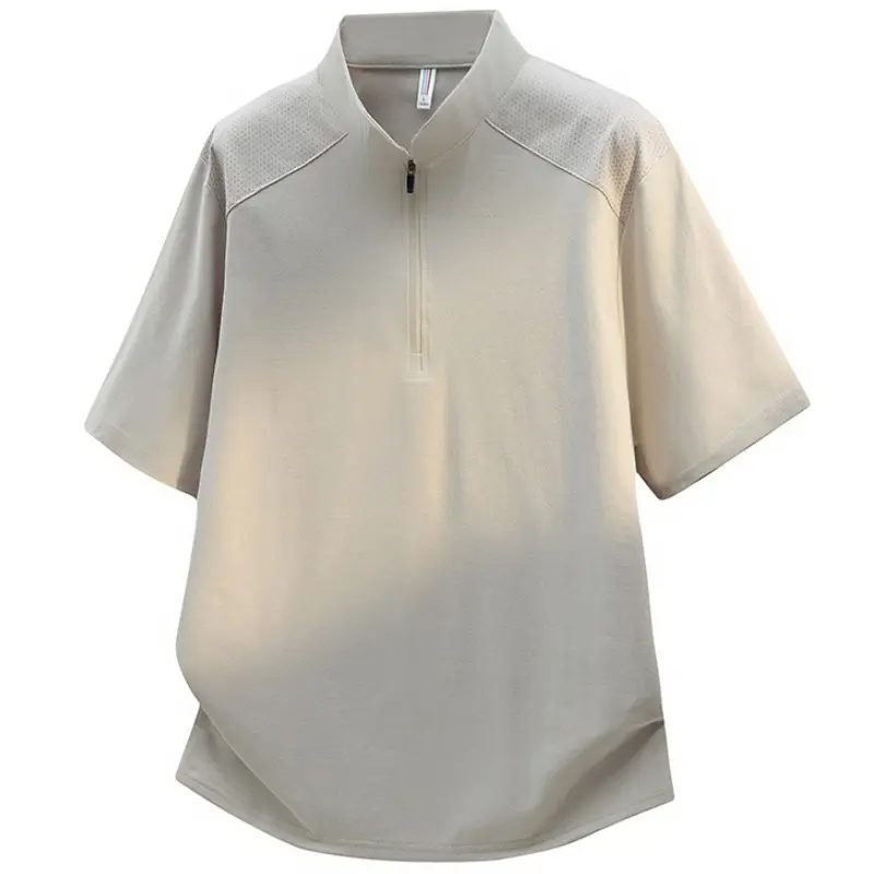 New summer mesh shoulder quick-dry men’s short-sleeve T-shirt with zip collar; minimalist outdoor casual men’s short-sleeve T-shirt; trendy lightweight breathable half-zip stand collar loose-fit men’s top #SummerWins