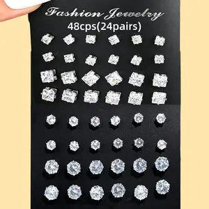 24 Pairs Exquisite Sparkling Round Square Shaped Stud Earrings Shiny Artificial Crystal Inlaid Earrings Set Party Wedding Anniversary Engagement Jewelry Set