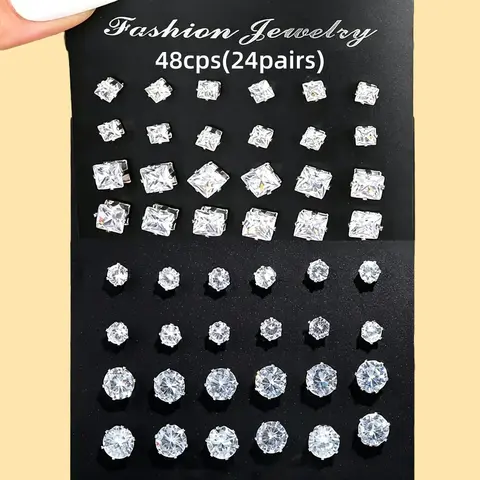 24 Pairs Exquisite Sparkling Round Square Shaped Stud Earrings Shiny Artificial Crystal Inlaid Earrings Set Party Wedding Anniversary Engagement Jewelry Set