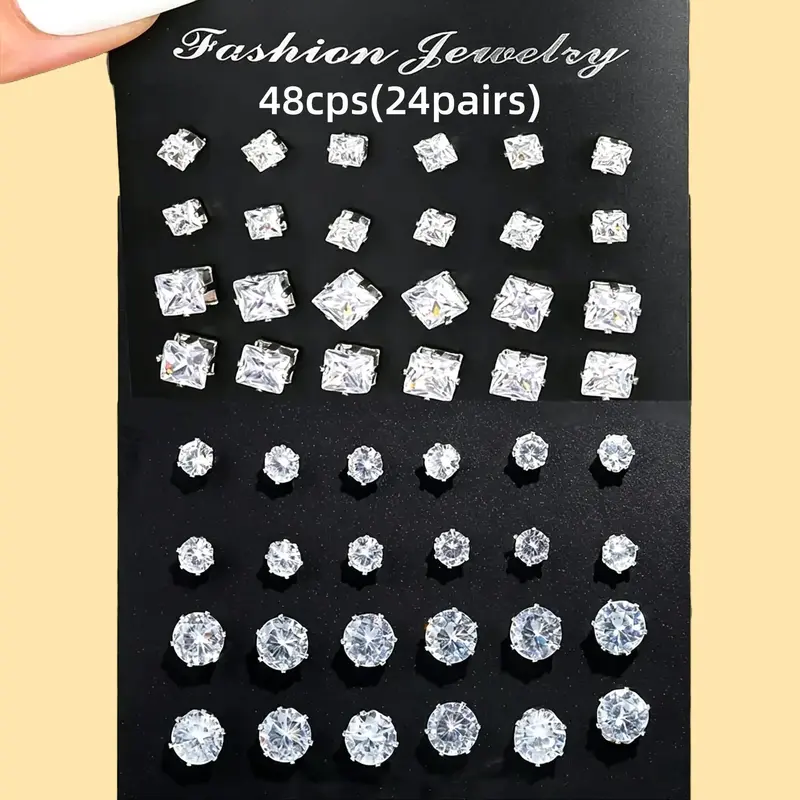 24 Pairs Exquisite Sparkling Round Square Shaped Stud Earrings Shiny Artificial Crystal Inlaid Earrings Set Party Wedding Anniversary Engagement Jewelry Set