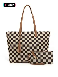 Women's Plaid Pattern Casual Style Satchel Handbag, Durable Tote Bags Set for All Seasons, Laptop Handbags & Purse Set for Office Use, Fashionable Patterned Bag, Checkered Pattern Bag