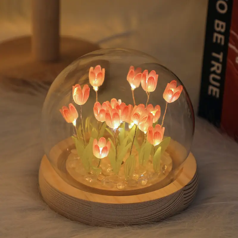 Tulip Flower Night Light With Glass, Cover Handmade DIY Bedside Light LED Night Lamp, Table Desk Lamp Bedroom Decor USB Mood Light