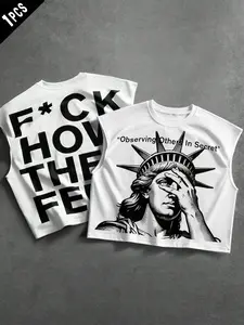 Men's White Cropped Sleeveless Tank Top, Statue of Liberty Print Crew Neck Tee, Casual Streetwear Top for Daily & Street Style Outfits