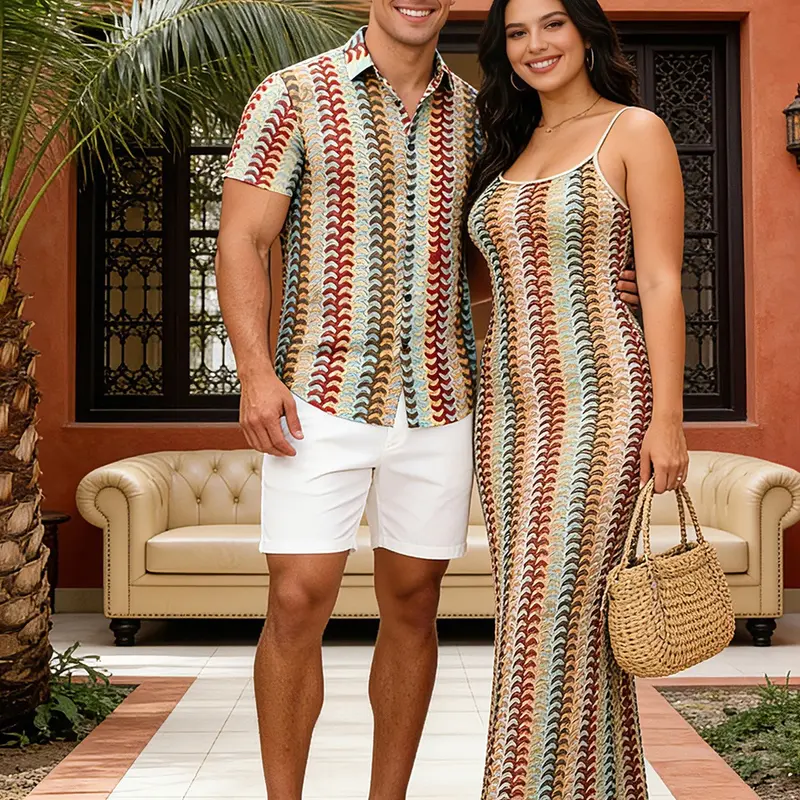 Bohemian Vacation Couple Outfit Colorblock Arrow Ethnic Print Bodycon Knitted Dress and Shirt Set
