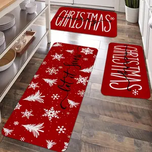 2/3pcs Christmas kitchen carpet, Decorative rugs, Merry Christmas Christmas tree red decorative anti slip floor mat, flannel material soft, comfortable, easy to clean, suitable for home, bathroom entrance, laundry room Christmas decoration