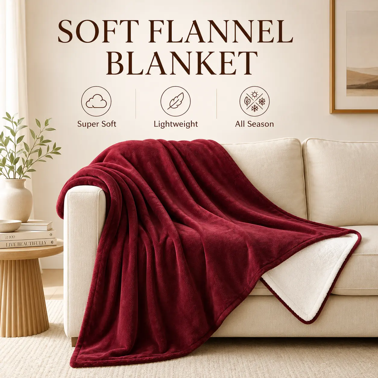 Deep Burgundy Classic Flannel Fabric Throw Blanket - Super Soft Lightweight 1-Sided Plush, Plain White Reverse, Gentle Wash Multi-Size All-Season Cover for Adults, Home Decor Gift Idea for Bed Couch Chair, Rectangular