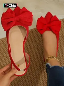 Women's new summer pointed-toe closed-toe shoes with bow decoration and back strap, stylish, simple, comfortable, lightweight, everyday flat shoes Bowknot Design Shoes Bowknot Design Flats