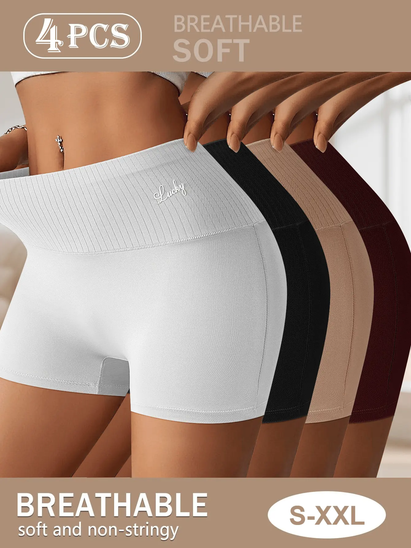 4PCS women’s high-waist boxer briefs, breathable soft stretch panties, seamless-look anti-chafing safety shorts, full-coverage underwear for everyday wear, travel, gym, and under dresses