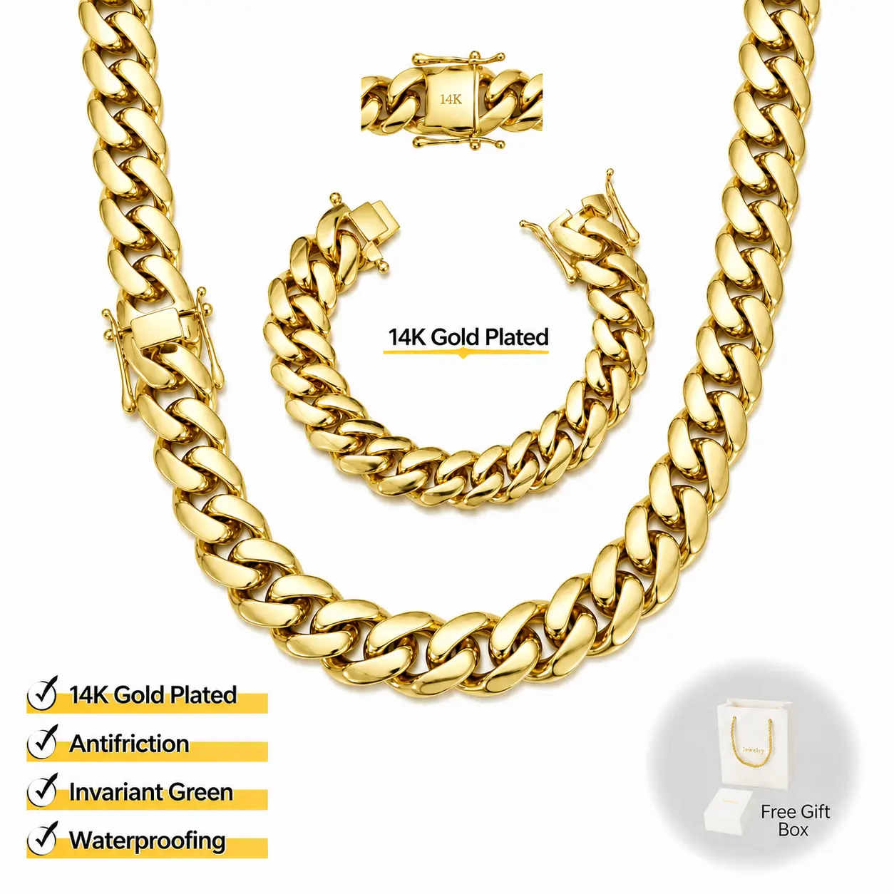 14K Gold Plated Heavy Mens Soild Cuban Link Chain Necklace and Bracelet Set Miami 8/10/12/14/18/20/22MM Hip Hop Jewelry Mother's Day Gifts,summeroutfits,vacationoutfits,beachoutfits