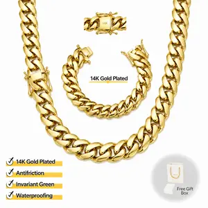 14K Gold Plated Heavy Mens Soild Cuban Link Chain Necklace and Bracelet Set Miami 8/10/12/14/18/20/22MM Hip Hop Jewelry Mother's Day Gifts