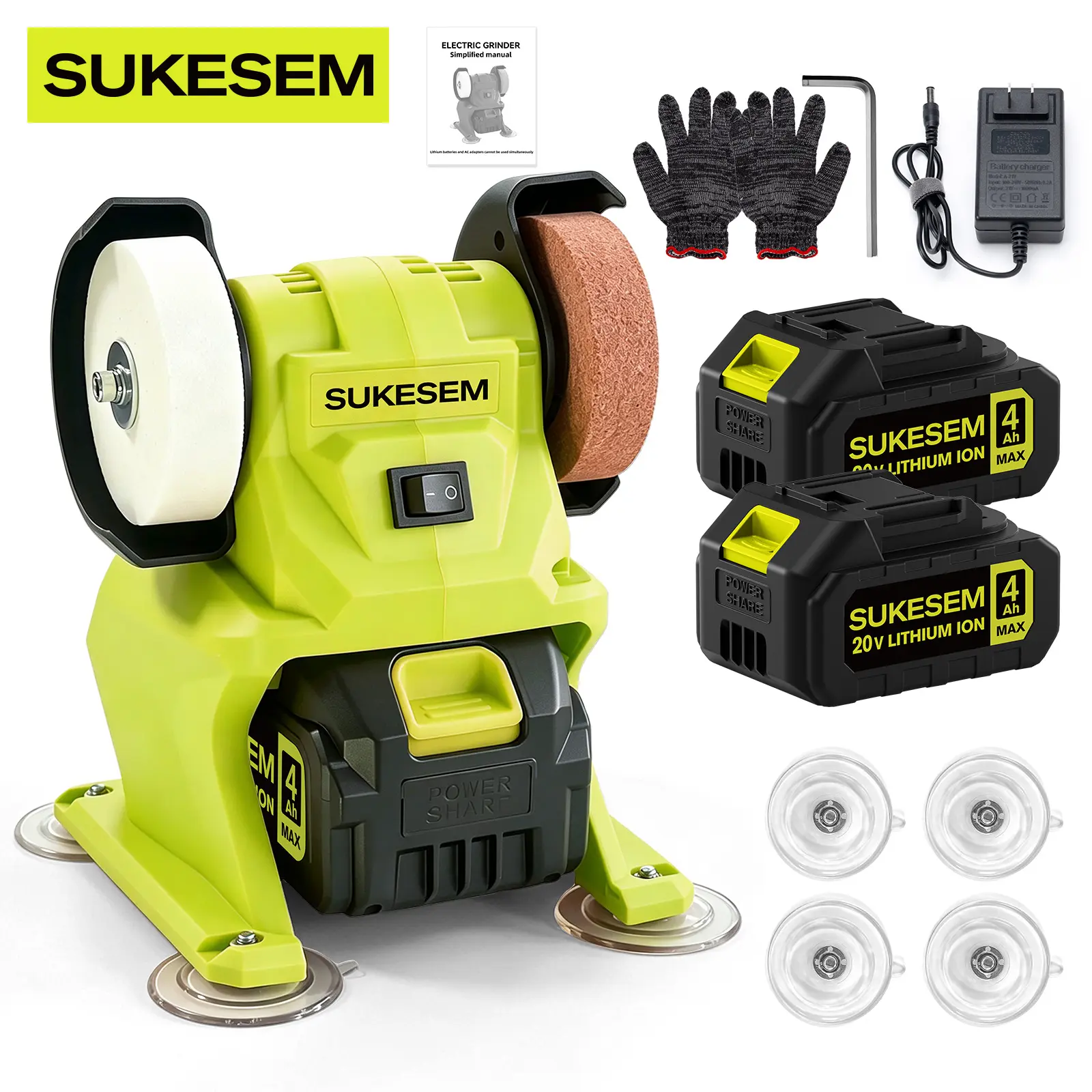 SUKESEM 20V Cordless Angle Grinder Tool Kit, Electric Grinder for Metal Cutting, Wood Grinding, Polishing & Knife Sharpening, Portable Power Grinder with 2×4.0Ah Batteries & Charger, DIY Home Workshop Power Tool ,Electric Multi-purpose Grinding Machine