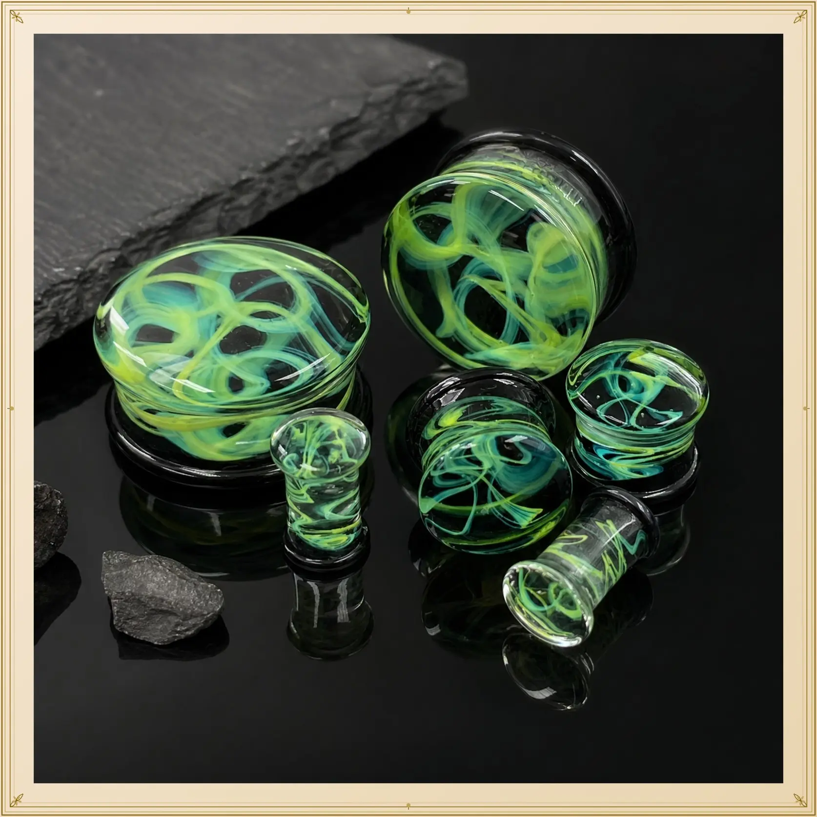 PAIR of Green Swirling Smoke Style Pyrex Glass Double Flare Plugs - Gauges 2g (6mm) through 1" (25mm)