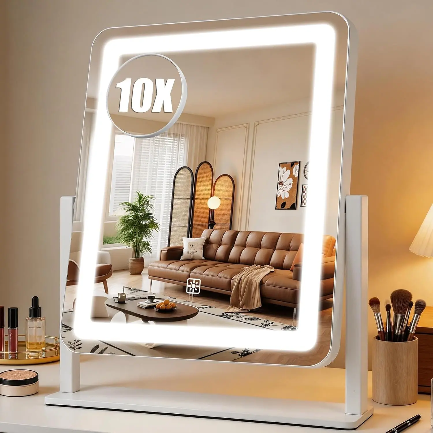 Vanity Mirror with Lights, 15"×12.2" Large LED Makeup Mirror with Light, HD Mirror, Smart Touch with 3-Color Lighting, Dimmable, 360° Rotation, Lighted Up for Vanity Desk Tabletop, Bedroom (White)