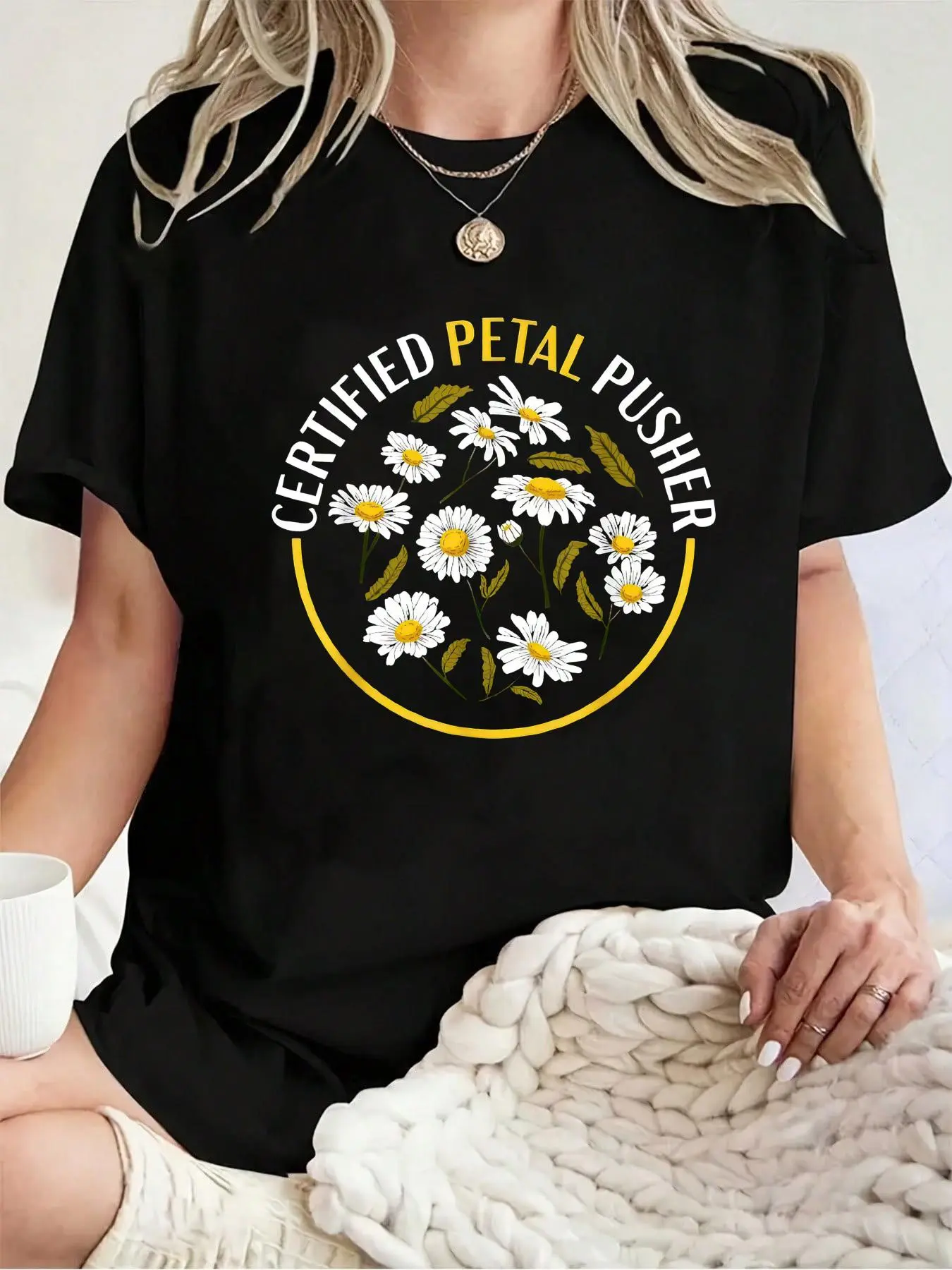Women's 100% Certified Cotton Short-Sleeve Loose Round Neck Florist Petal Pusher T-Shirt - Super Soft Work & Party Summer Top, Tumble Dry, Cold Wash, Do Not Bleach, Chic, Business Clothes