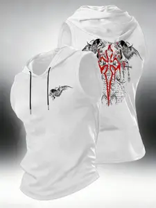 Men's Casual Hooded Sleeveless T-Shirt Skull Spikes Print, Fashion Versatile Sports Style, Summer Fitness Outdoor Wear