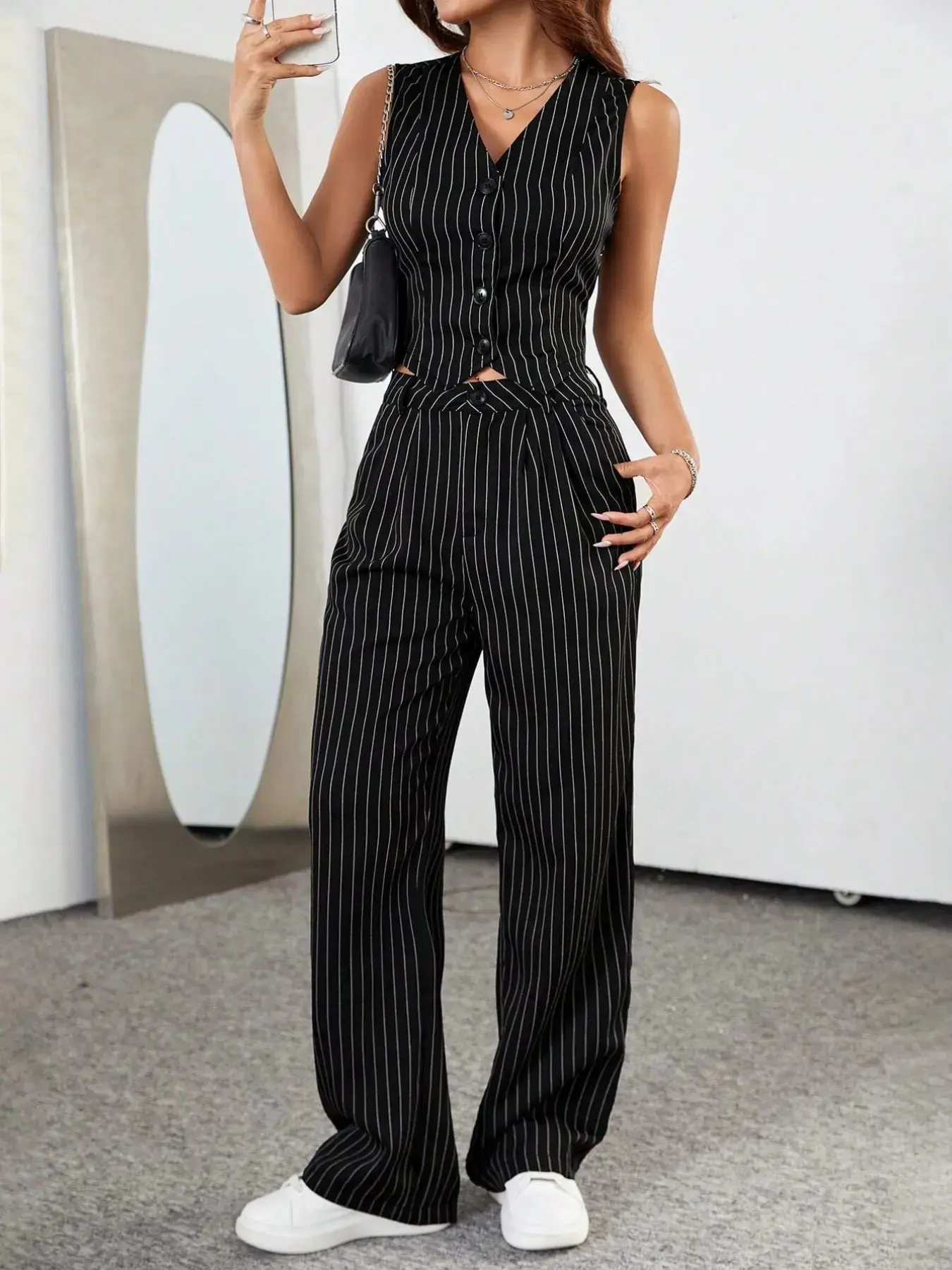 Women's Striped Print Button Front Sleeveless Lightweight Vest Blazer & Pants Fitted Matching Two-piece Set Pants Top Set Suits, Elegant Aesthetic Fashion Casual Outfits for Work Office Business, Ladies Summer Clothes Womenswear