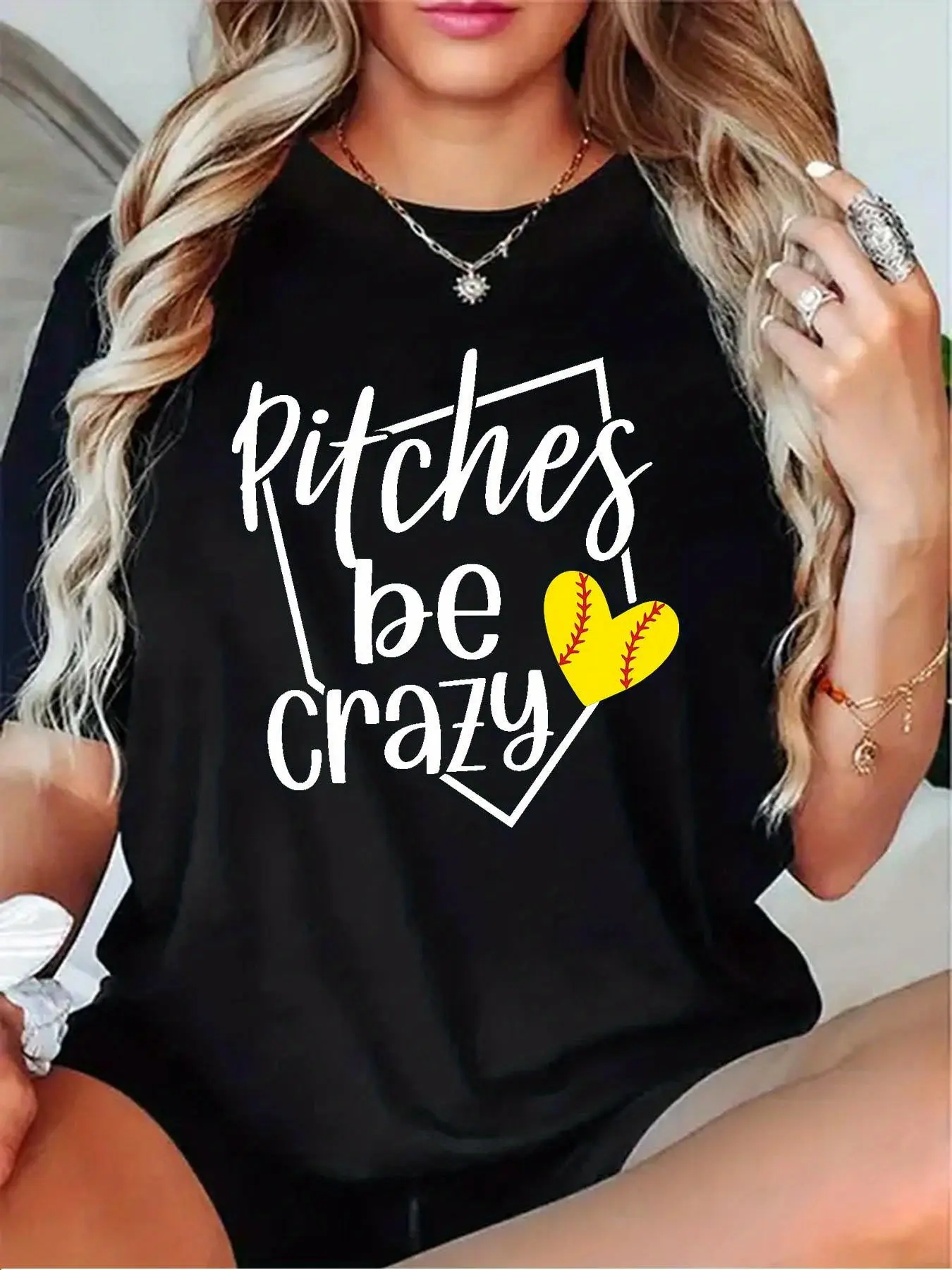 Women's Softball Pitches Be Crazy T-Shirt - Casual Short Sleeve Round Neck Tee with Softball Phrase, Machine Washable, All-Season Fit (Black, Grey, White, Dark Red) - Perfect for Softball Games, Practice & Casual Wear