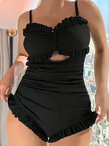 Plus Size Solid Cut Out Ruched Ruffle One-piece Swimsuit, Casual Backless Tie Back Tummy Control Swimwear for Summer, Women's Swimsuit for Beach Holiday Vacation, Ruched Ruffle Swimsuits