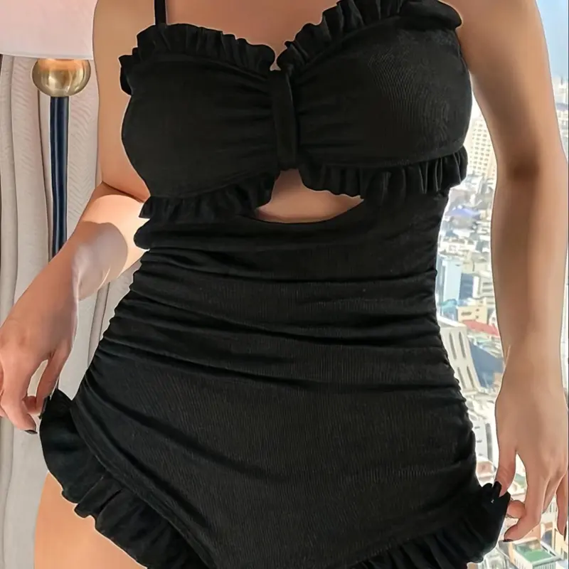 Plus Size Solid Cut-Out Ruched Ruffle One-Piece Swimsuit, Ruched Bathing Suits, Backless Tie Back Design, Women's Swimwear for Summer Beach Holiday