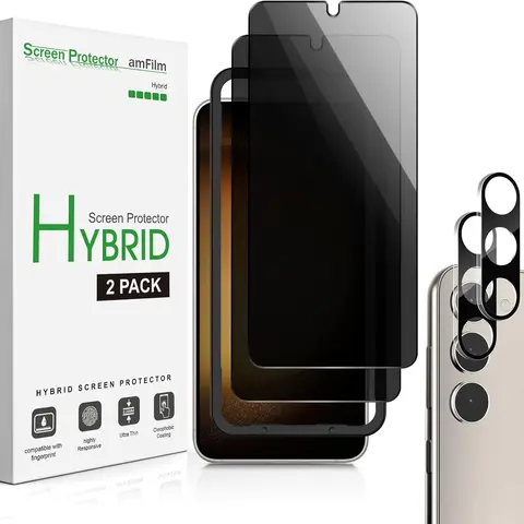 amFilm 2+2 Pack Samsung Galaxy S22/S22Plus/S23/S23Plus 6.1'' 6.6'' Privacy Screen Protector with Camera Lens Protector, Anti Spy Hybrid Film, Fingerprint ID Compatible, Easy to Installation.