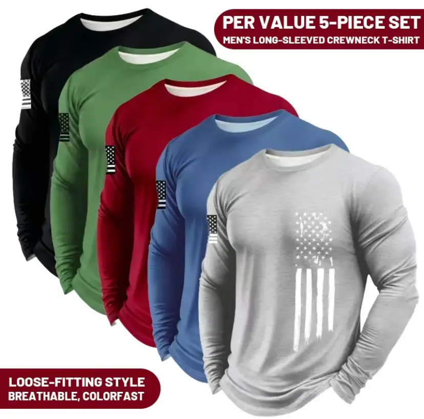 Men's Long Sleeve Athletic Shirts (5-Pack), Moisture-Wicking Lightweight Sport Tops for Gym, Everyday Wear