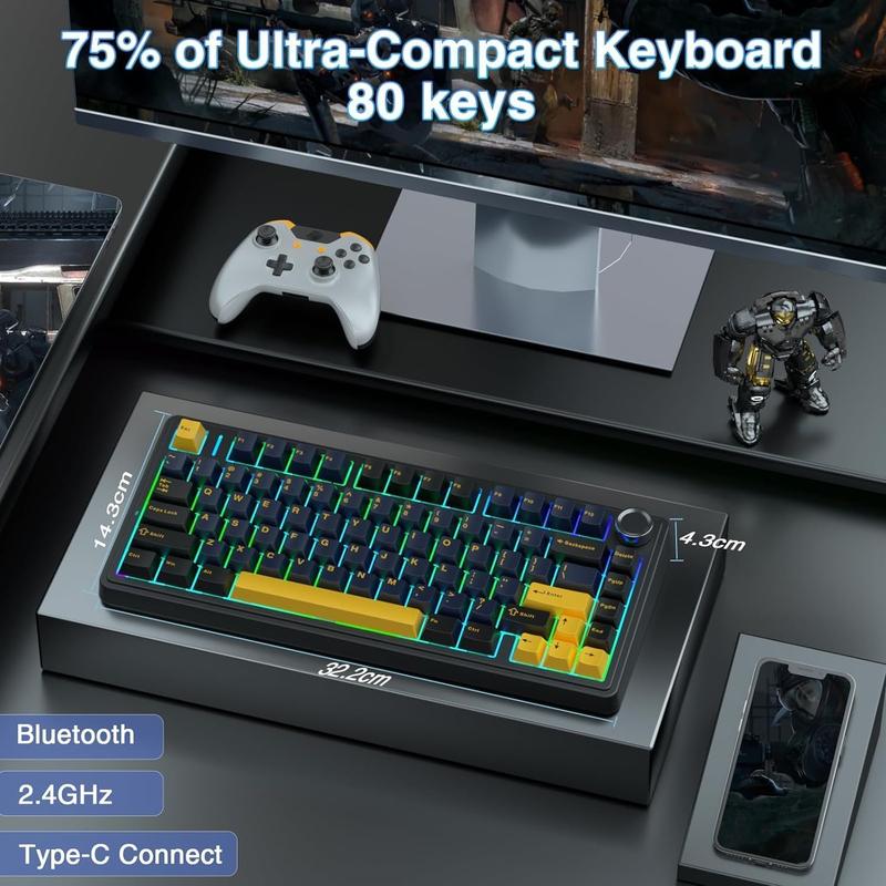 Aula F75 Gasket Mechanical Keyboard, 75% Wireless Hot Swappable Gaming Keyboard with Five-Layer Padding&Knob, Bluetooth/2.4GHz/USB-C, RGB (Blue Gradient, LEOBOG Reaper Switch) bluetooth  keyboard