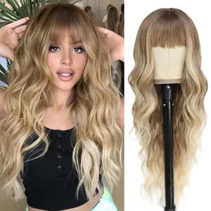 Blonde Wig With Bangs Long Wavy Curly Ombre Wig with Dark Root Synthetic Heat Resistant Wigs for Women Daily Party Weddings Dating Use