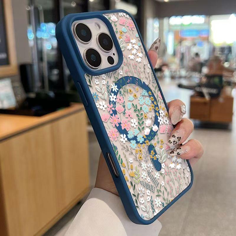 Chic Botanical Graphic Phone Case Hand-Drawn Style Pink, Blue & Yellow Wildflowers Paired With Lush Greenery Featuring Built-In Strong Magnet Ring Blending Smooth Macaron Texture With Secure Magsafe Compatibility For iPhone 17 16 15 14 13 12 11 X XS