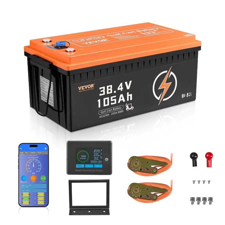 VEVOR 36V 105Ah Golf Cart Lithium Battery, 36 Volt Golf Cart Battery with 200A BMS, LCD Monitor and Mobile APP, LiFePO4 Battery with 600A Peak Current, ABS Shell and 4000  Cycles, for Golf Carts