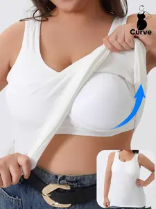 [Plus Size] Solid Color Basic Wireless Sleeveless Fitted Casual Round Neck Tank Top Vest, Soft Comfortable Breathable Tank Top for Daily Wear, Women's Lingerie for All Seasons Underwear