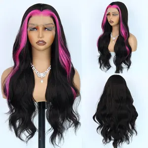 Pink and Black Long Body Wavy Wig Pre Plucked Natural Hairline Heat Resistant Fiber Hair Glueless Hot Pink Skunk Stripe Wig for Fashion Women Hot Pink Highlight Long Wave Wig for Dailly, Party or Cosplay