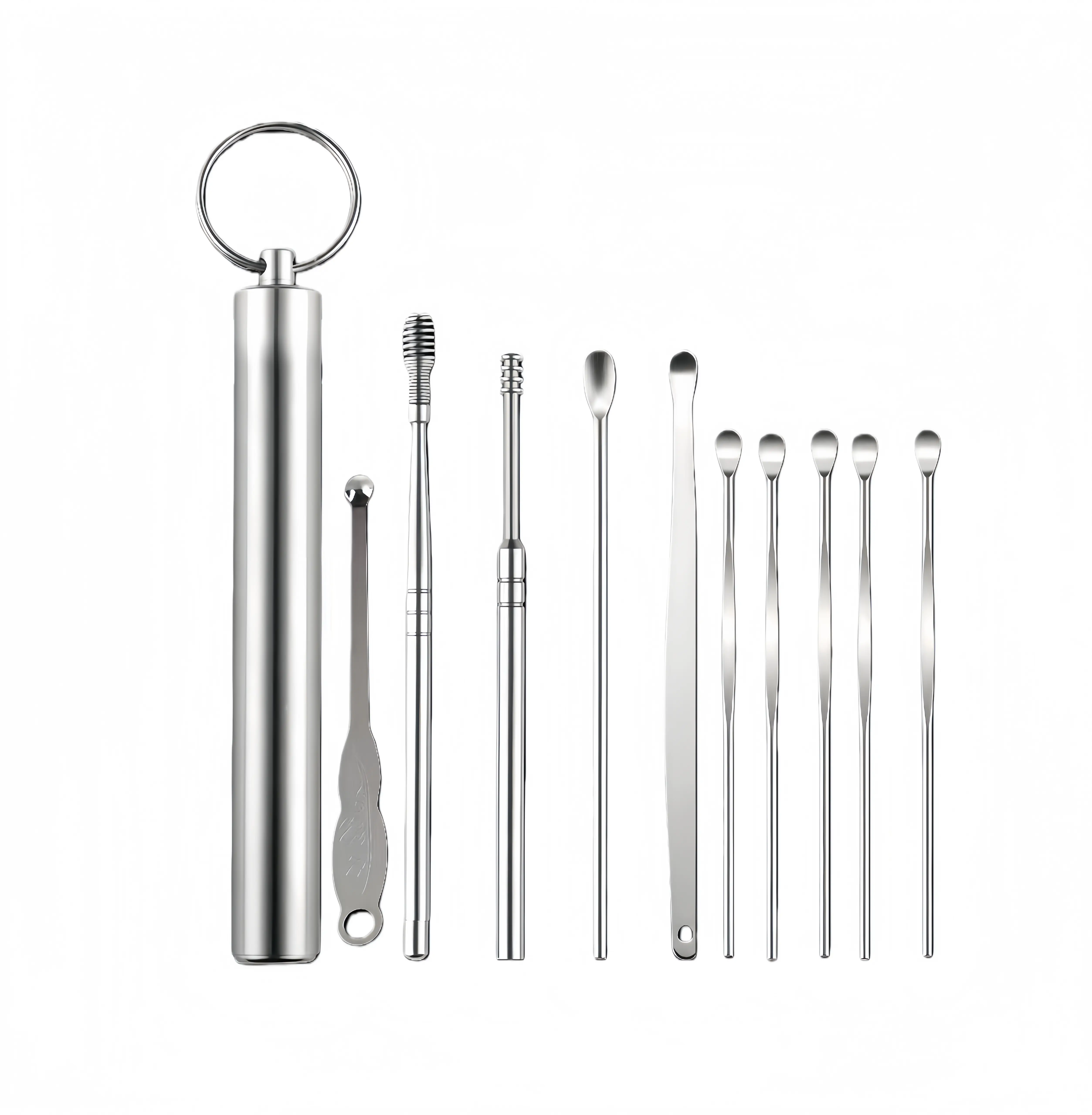 Ear Wax Cleaner Kit, 10-Piece Stainless Steel Multi-Pack Ear Care Tools with Compact Portable Keychain Storage for On-the-Go Thorough Clean (Adults & Children), 10 Pieces, Ear Cleaning Tool Set